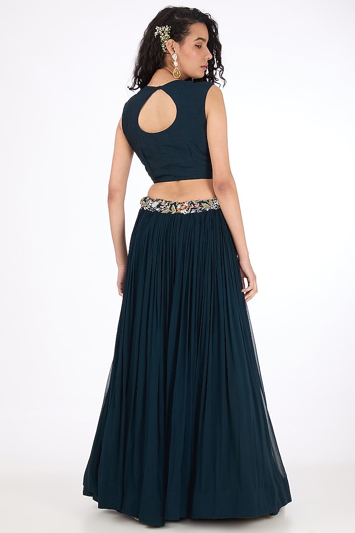 Blue Georgette Zardosi & Pearl Embroidered Jacket Wedding Lehenga Set by Raas Couture at Pernia's Pop Up Shop