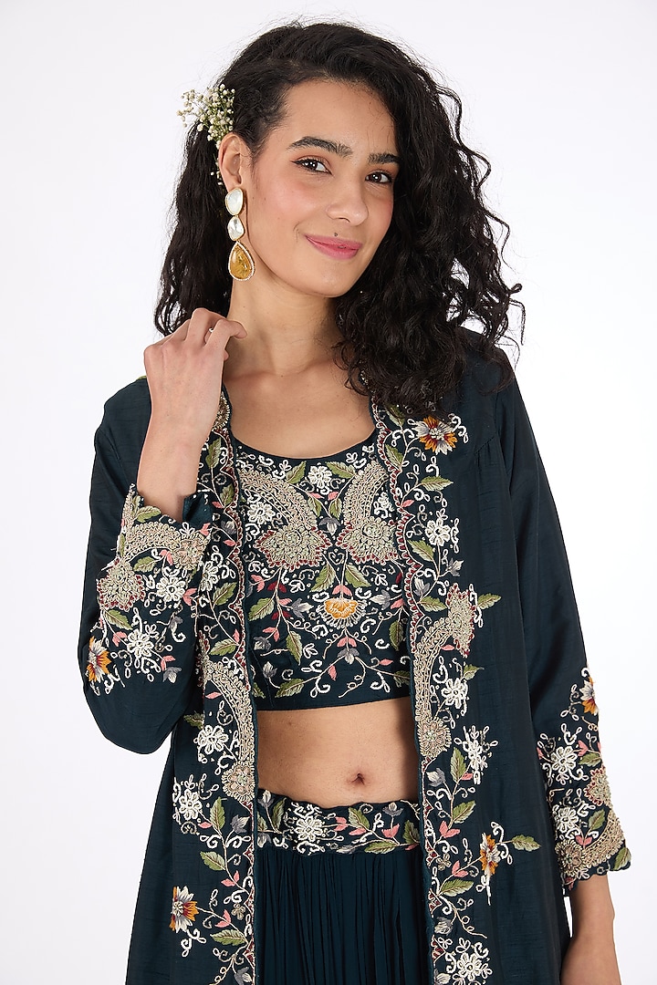 Blue Georgette Zardosi & Pearl Embroidered Jacket Wedding Lehenga Set by Raas Couture at Pernia's Pop Up Shop