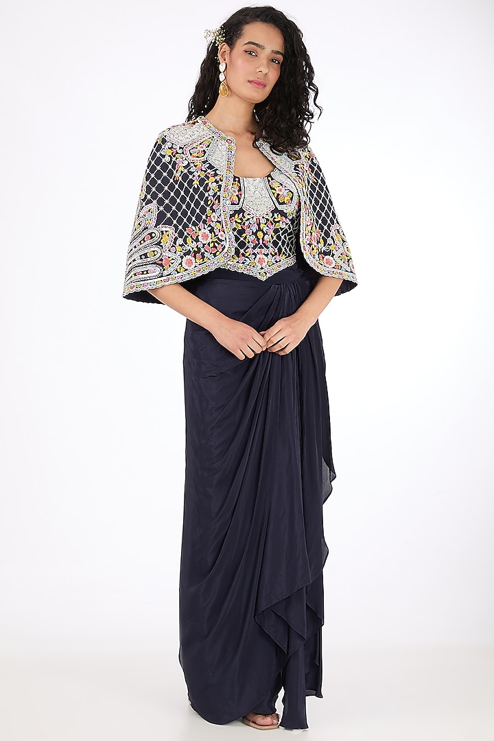 Blue Dola Silk Aari Embroidered Cape Set by Raas Couture