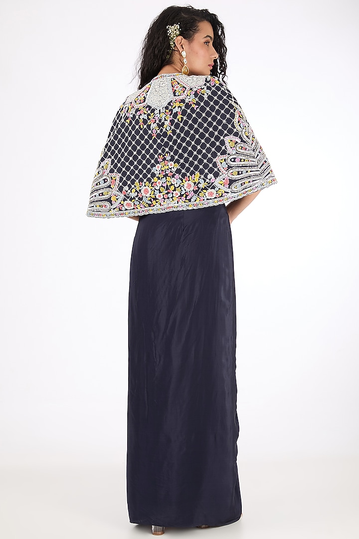 Blue Dola Silk Aari Embroidered Cape Set by Raas Couture at Pernia's Pop Up Shop