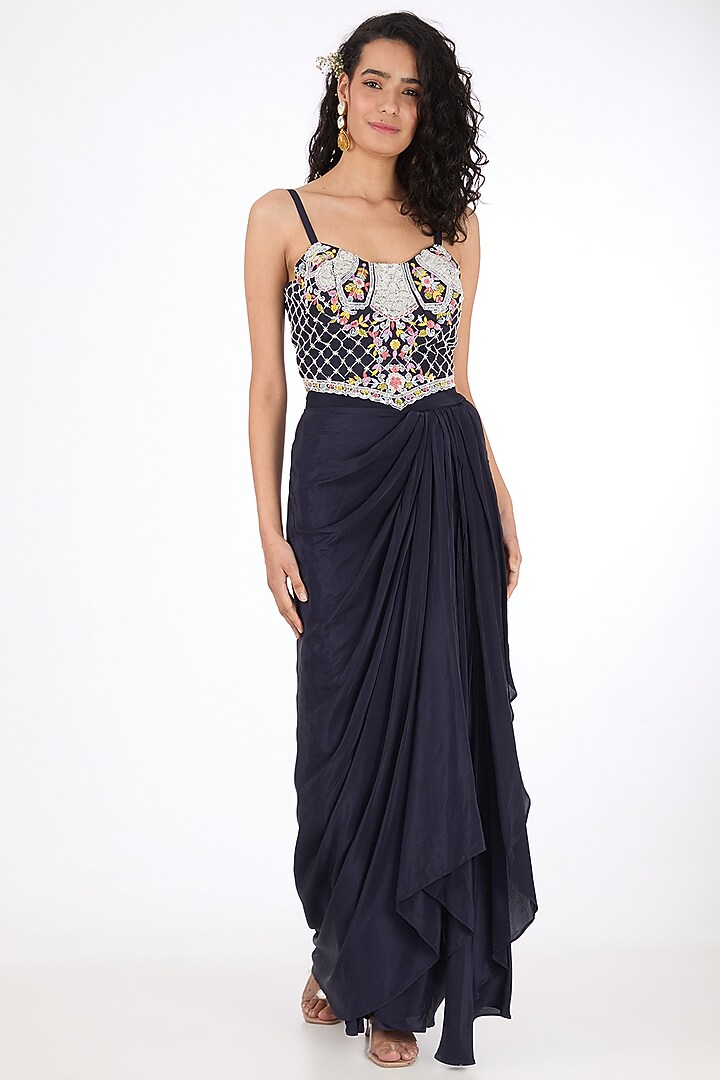 Blue Dola Silk Aari Embroidered Cape Set by Raas Couture at Pernia's Pop Up Shop