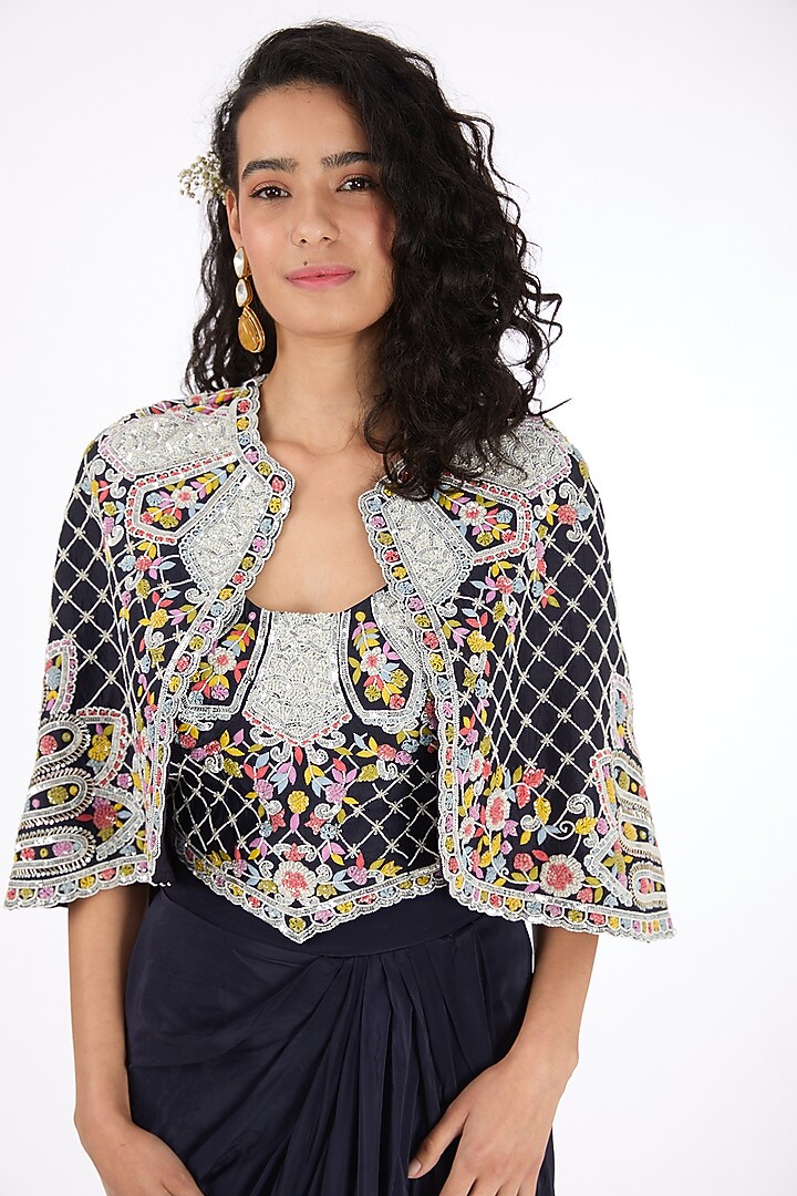 Blue Dola Silk Aari Embroidered Cape Set by Raas Couture at Pernia's Pop Up Shop