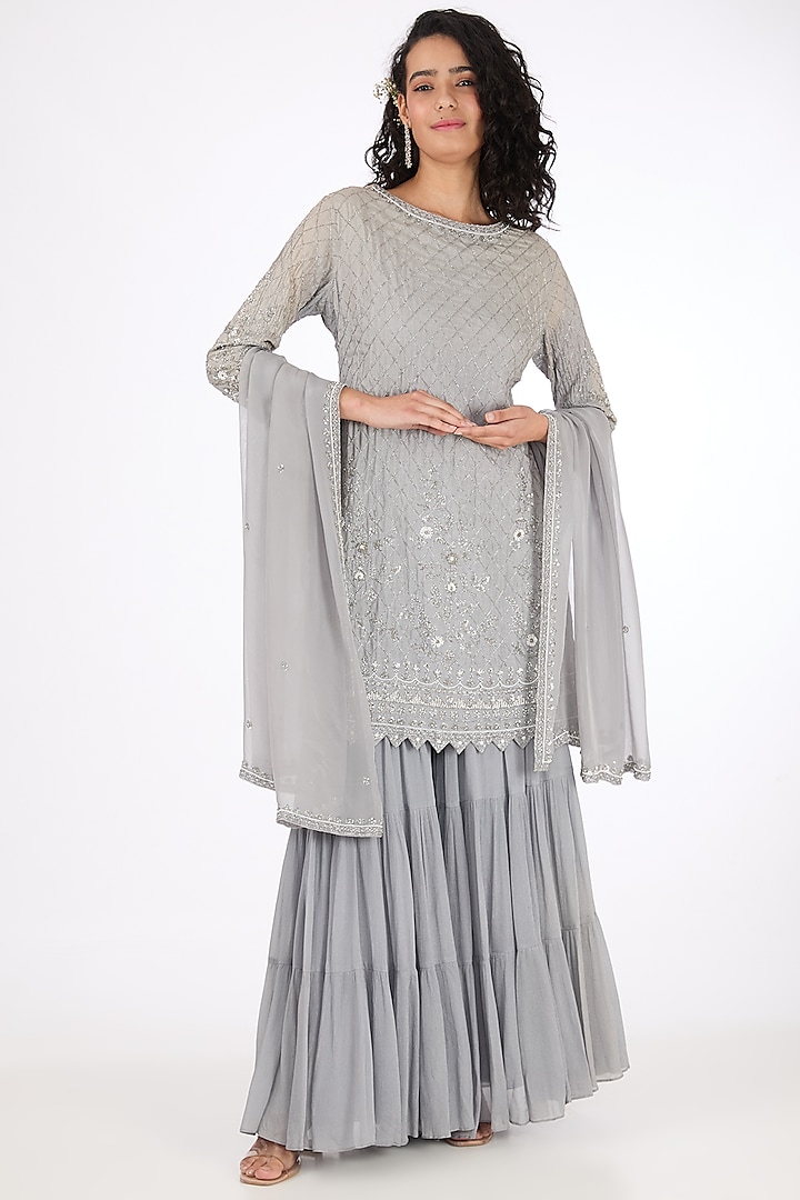 Grey Chinon Pearl Embroidered Sharara Set by Raas Couture