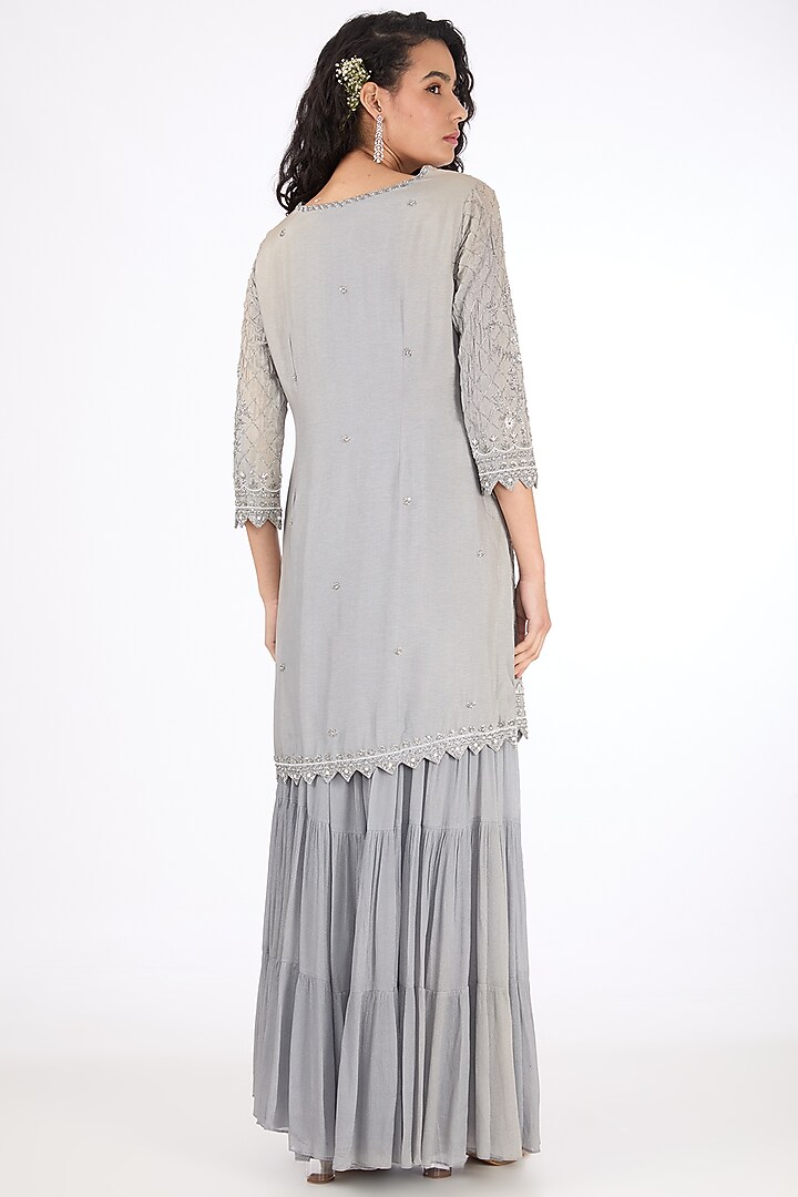 Grey Chinon Pearl Embroidered Wedding Sharara Set by Raas Couture at Pernia's Pop Up Shop