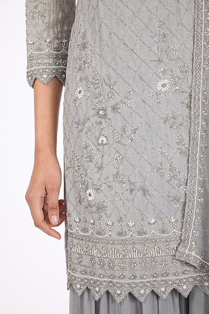 Grey Chinon Pearl Embroidered Wedding Sharara Set by Raas Couture at Pernia's Pop Up Shop