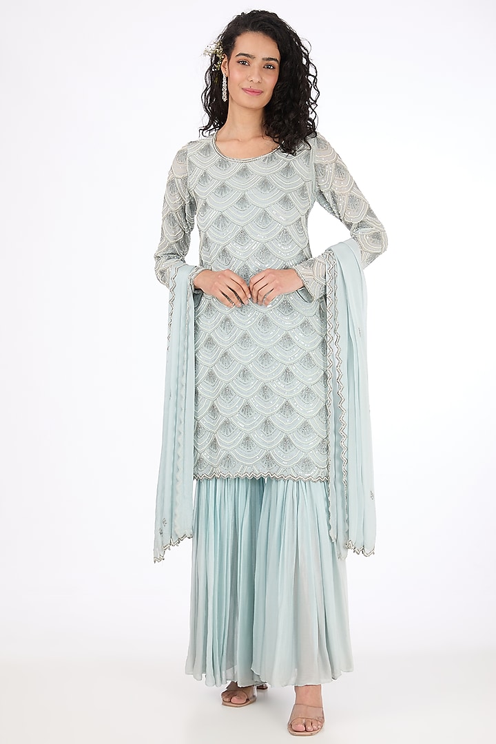 Ice Blue Chinon Pearl Embroidered Sharara Set by Raas Couture