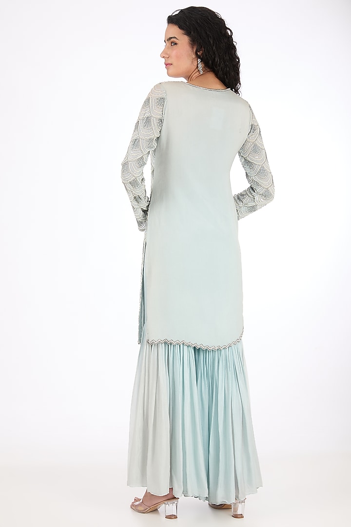 Ice Blue Chinon Pearl Embroidered Wedding Sharara Set by Raas Couture at Pernia's Pop Up Shop