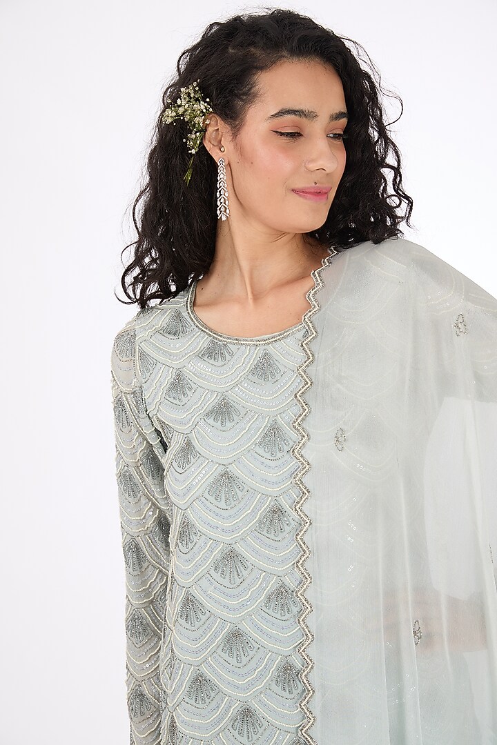 Ice Blue Chinon Pearl Embroidered Wedding Sharara Set by Raas Couture at Pernia's Pop Up Shop