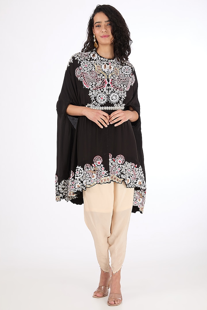 Black Crepe Pearl Embroidered Kaftan Cape Set by Raas Couture