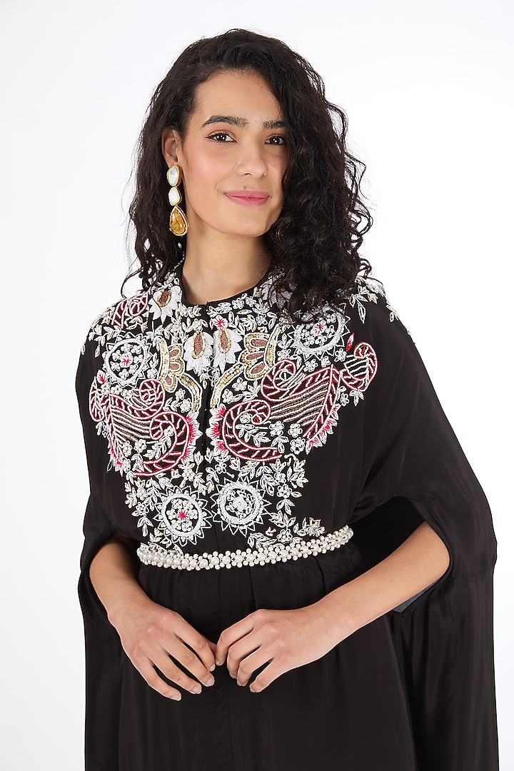 Black Crepe Pearl Embroidered Kaftan Cape Set by Raas Couture at Pernia's Pop Up Shop