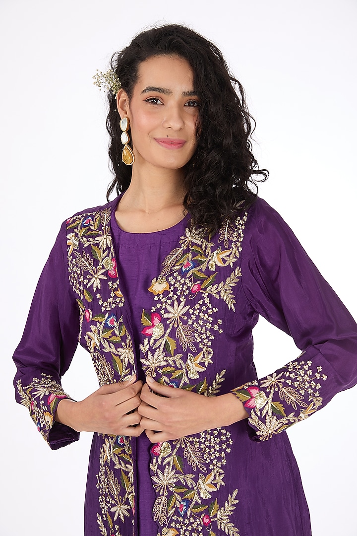 Purple Dola Silk Thread Embroidered Jacket Set by Raas Couture at Pernia's Pop Up Shop