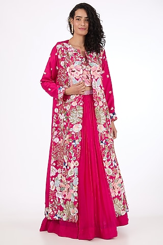 Red Georgette Zardosi & Pearl Embroidered Jacket Lehenga Set by Raas Couture