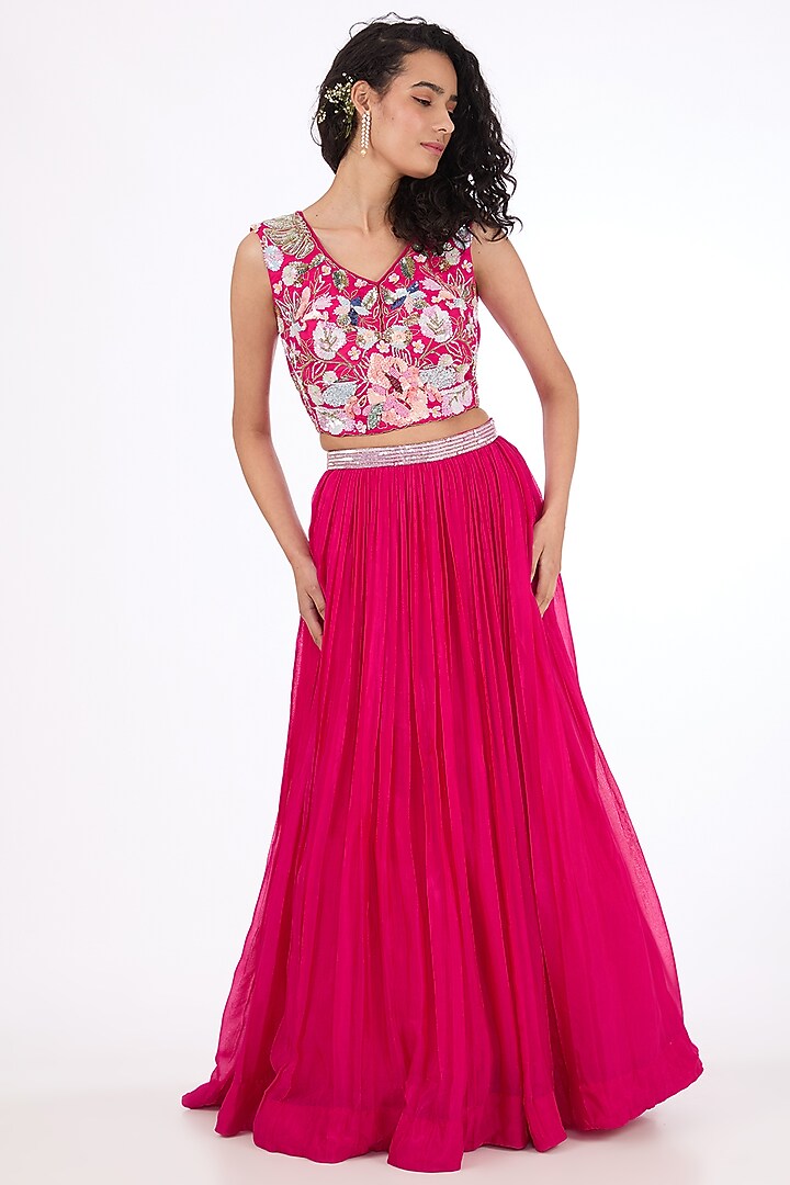 Red Georgette Zardosi & Pearl Embroidered Jacket Wedding Lehenga Set by Raas Couture at Pernia's Pop Up Shop