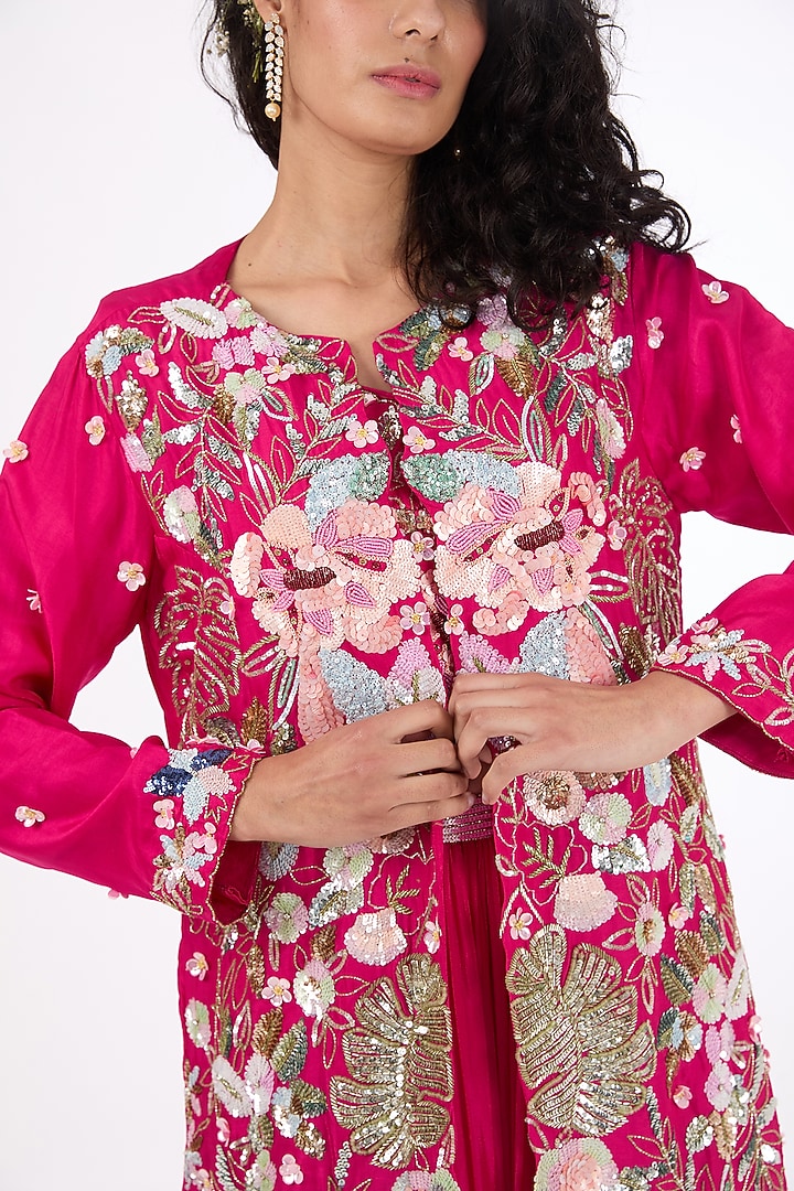 Red Georgette Zardosi & Pearl Embroidered Jacket Wedding Lehenga Set by Raas Couture at Pernia's Pop Up Shop