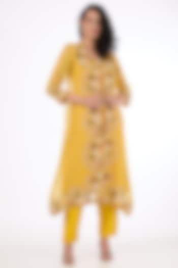 Yellow Organza Thread Embroidered Kurta Set by Raas Couture
