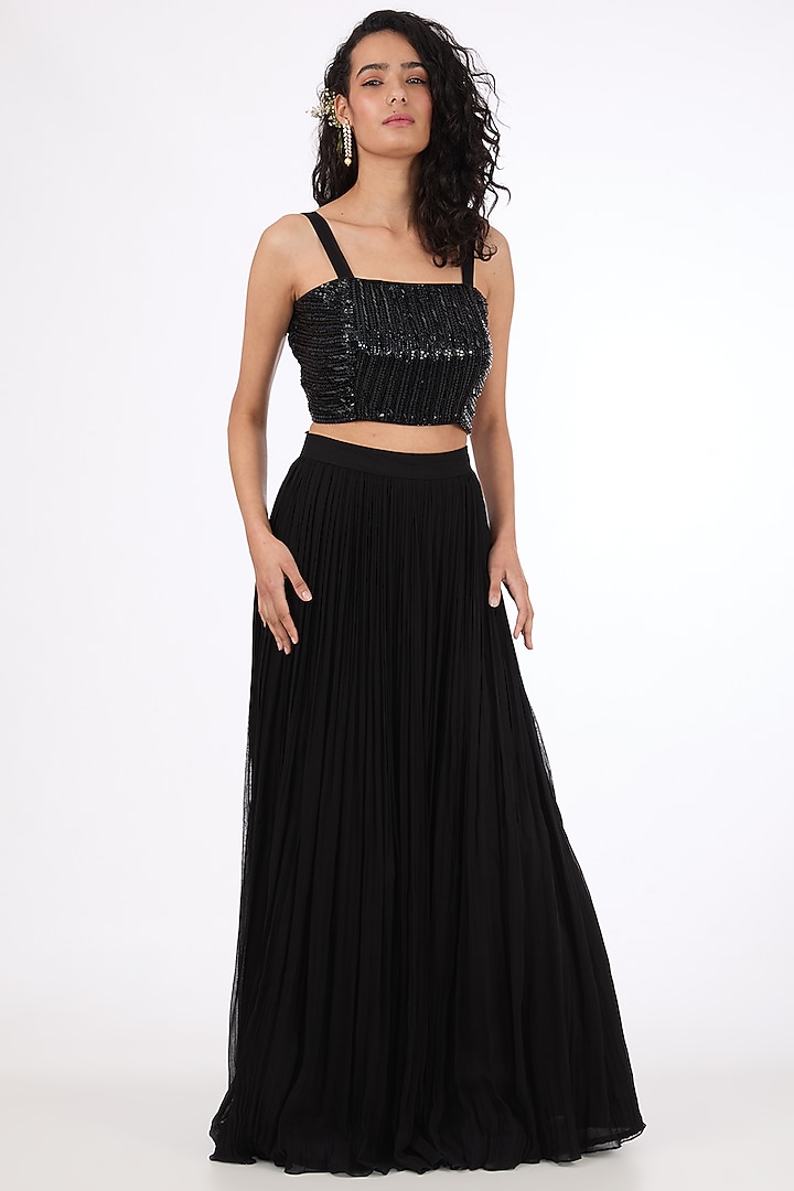 Black Georgette Zardosi & Pearl Embroidered Wedding Lehenga Set by Raas Couture at Pernia's Pop Up Shop