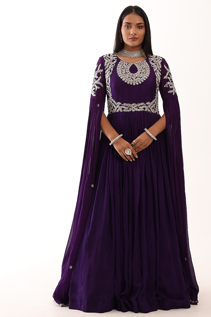 Deep Purple Silk & Georgette Hand Embroidered Gown by Raas Couture