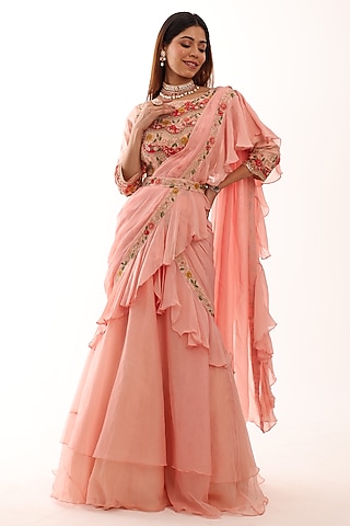 Peach Silk & Organza Draped Lehengs Set by Raas Couture