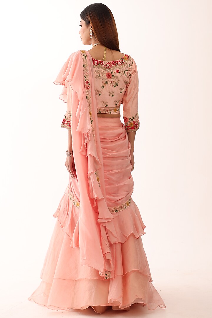 Peach Silk & Organza Draped Lehengs Set by Raas Couture at Pernia's Pop Up Shop