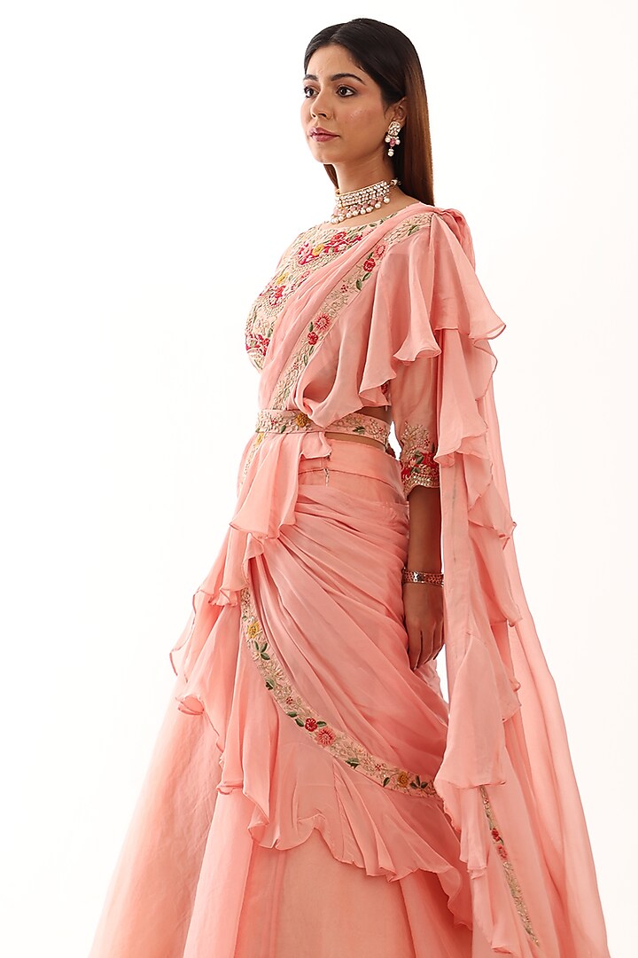 Peach Silk & Organza Draped Lehengs Set by Raas Couture at Pernia's Pop Up Shop