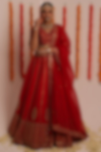 Red Raw Silk Hand Embroidered Wedding Lehenga Set by Raas Couture at Pernia's Pop Up Shop