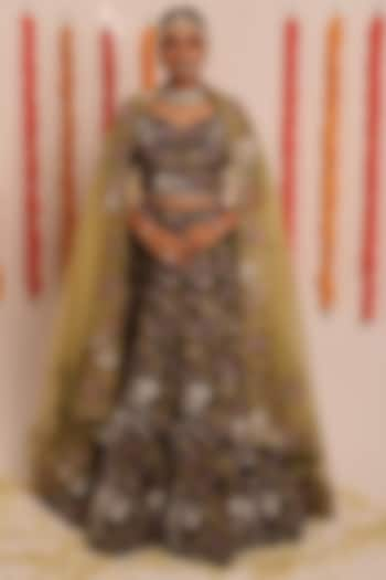 Navy Blue Raw Silk & Organza Thread Embroidered Wedding Lehenga Set by Raas Couture at Pernia's Pop Up Shop