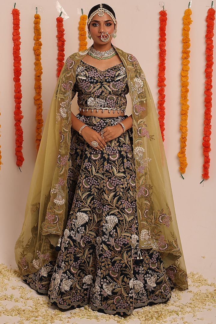 Navy Blue Raw Silk & Organza Thread Embroidered Wedding Lehenga Set by Raas Couture at Pernia's Pop Up Shop