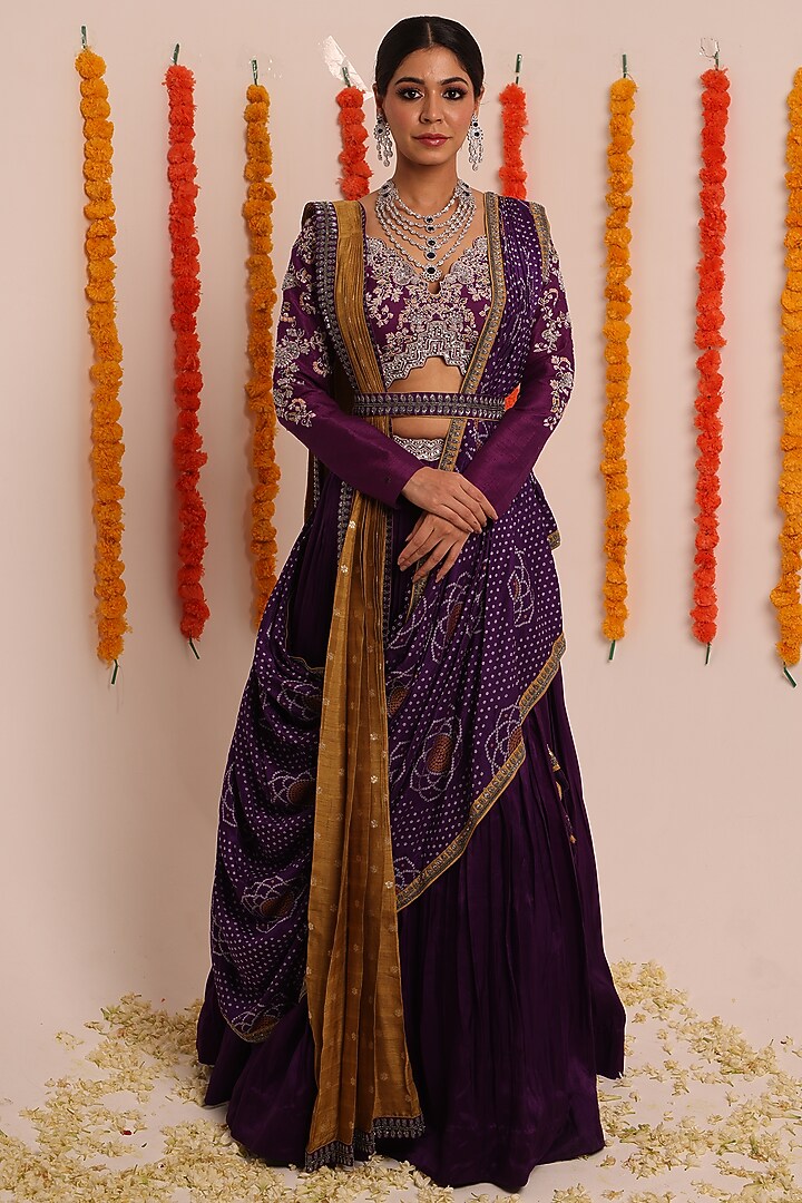 Purple Raw Silk Wedding Lehenga Set by Raas Couture at Pernia's Pop Up Shop