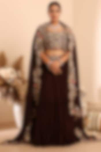 Brown Georgette Embellished Ruffled Wedding Lehenga Set by Raas Couture at Pernia's Pop Up Shop