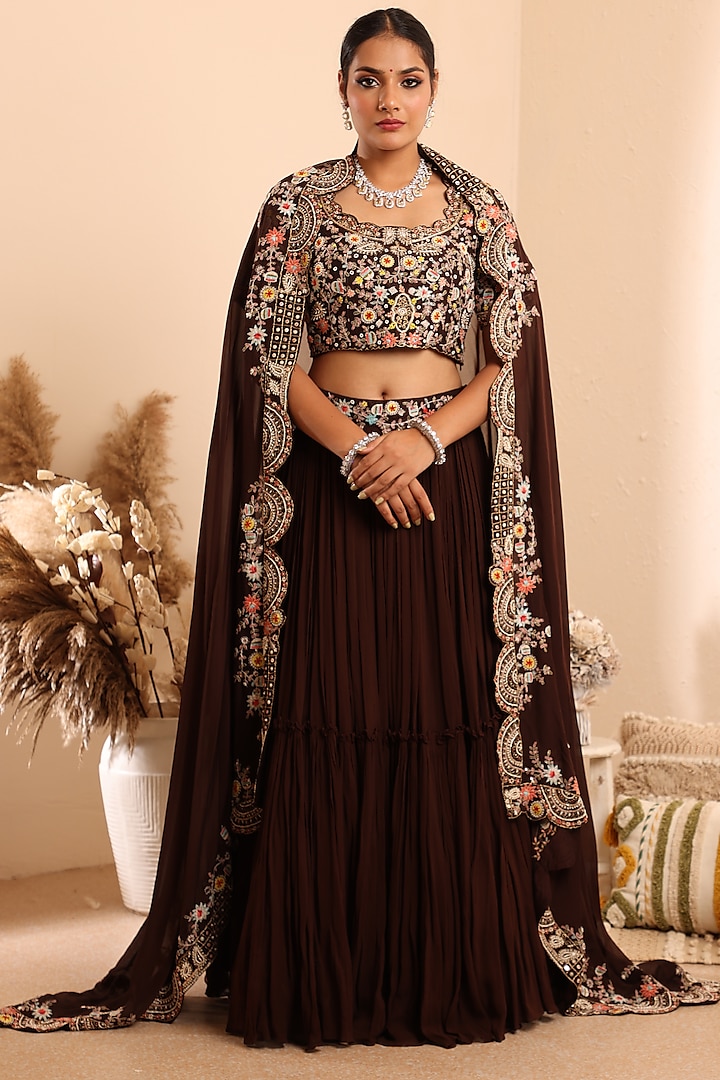 Brown Georgette Embellished Ruffled Wedding Lehenga Set by Raas Couture at Pernia's Pop Up Shop