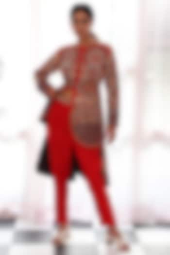 Red Silk Embroidered Jacket Set by Raas Couture at Pernia's Pop Up Shop