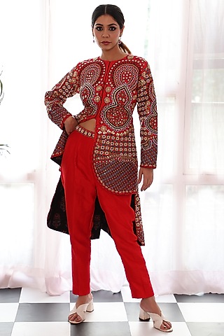 Red Silk Embroidered Jacket Set by Raas Couture