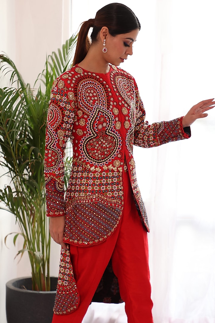 Red Silk Embroidered Jacket Set by Raas Couture at Pernia's Pop Up Shop
