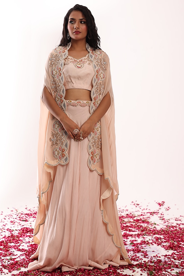 Peach Silk Embroidered Jacket Lehenga Set by Raas Couture