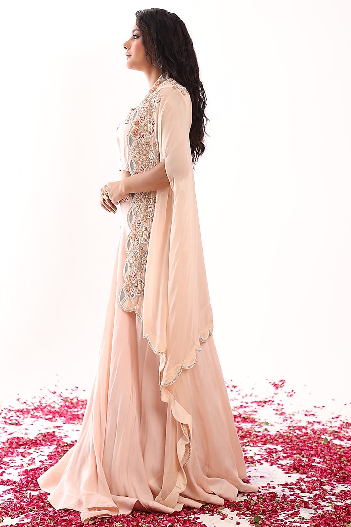 Peach Silk Embroidered Jacket Wedding Lehenga Set by Raas Couture at Pernia's Pop Up Shop
