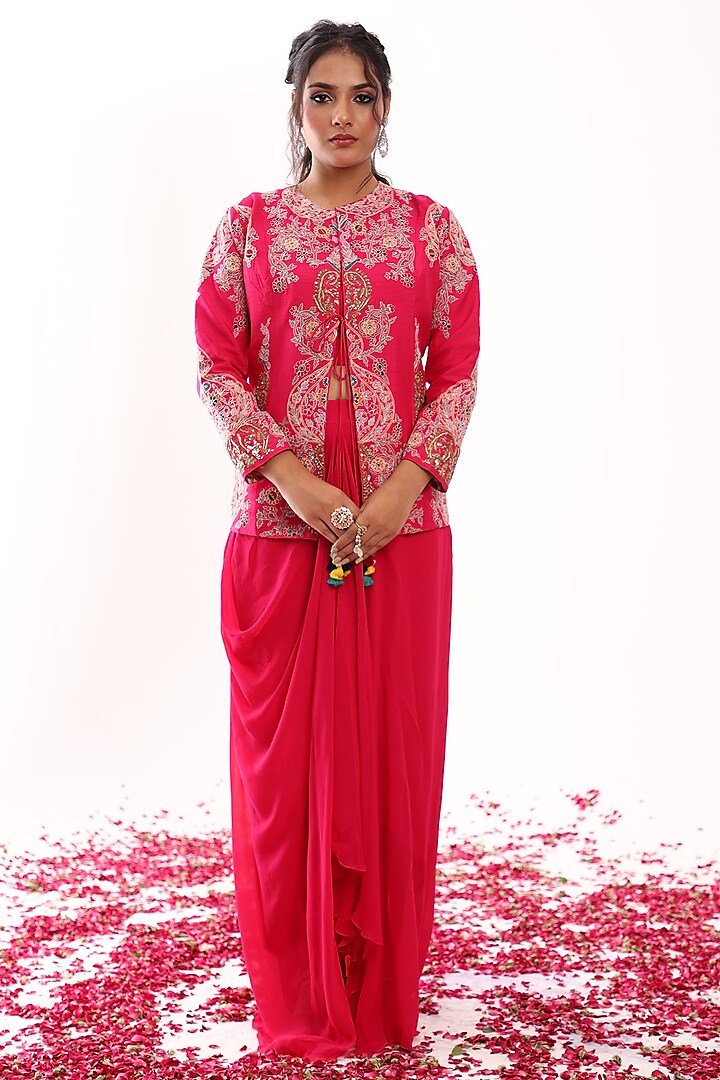 Fuchsia Pink Silk Embroidered Jacket Set by Raas Couture