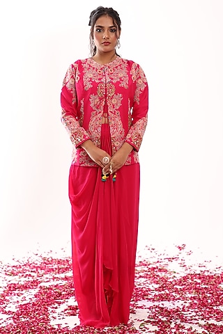 Fuchsia Pink Silk Embroidered Jacket Set by Raas Couture