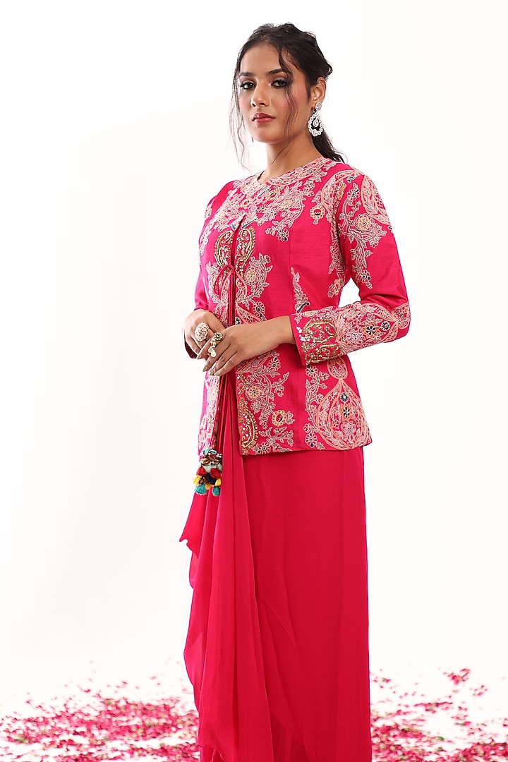 Fuchsia Pink Silk Embroidered Jacket Set by Raas Couture at Pernia's Pop Up Shop
