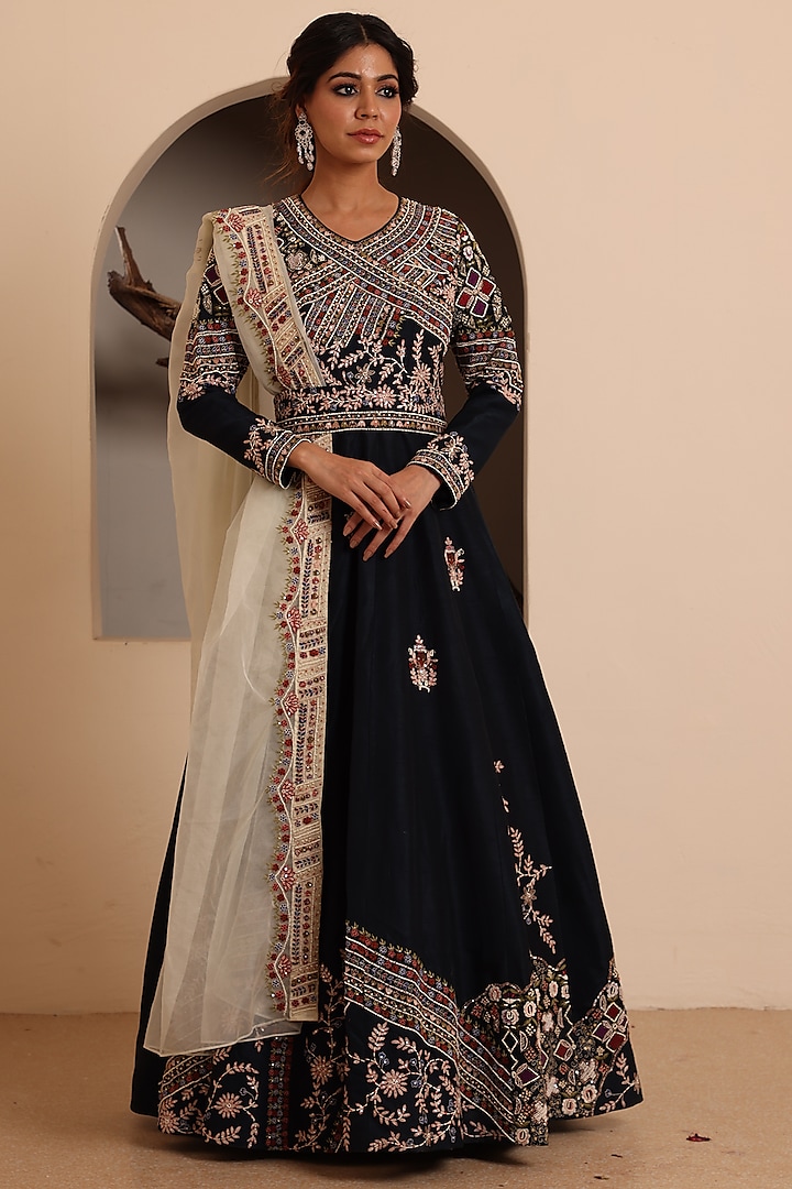 Navy Blue Silk Embroidered Anarkali Set by Raas Couture