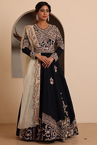 Navy Blue Silk Embroidered Anarkali Set by Raas Couture