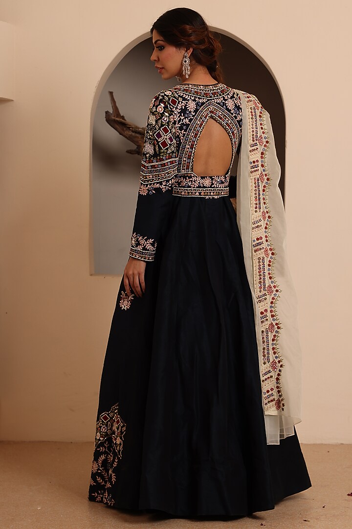 Navy Blue Silk Embroidered Wedding Anarkali Set by Raas Couture at Pernia's Pop Up Shop