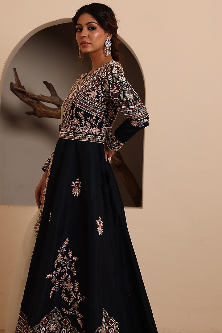 Navy Blue Silk Embroidered Wedding Anarkali Set by Raas Couture at Pernia's Pop Up Shop