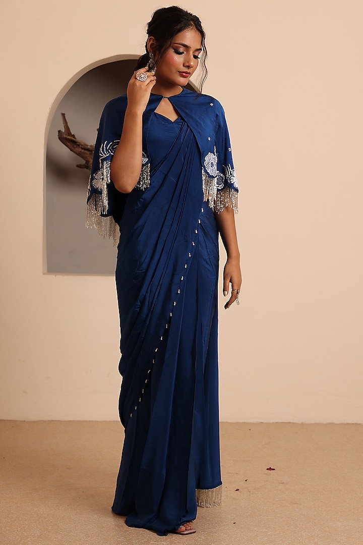 Royal Blue Crepe Draped Saree Set by Raas Couture