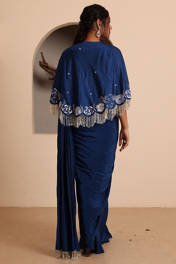 Royal Blue Crepe Draped Party Wear Saree Set by Raas Couture at Pernia's Pop Up Shop