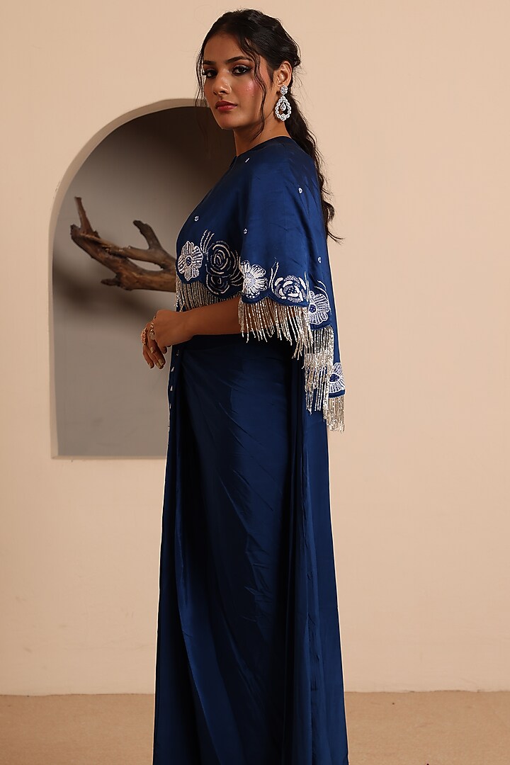 Royal Blue Crepe Draped Party Wear Saree Set by Raas Couture at Pernia's Pop Up Shop