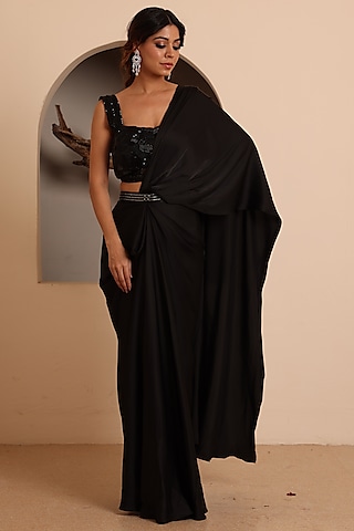 Black Armani Satin Pre-Stitched Saraee Set by Raas Couture