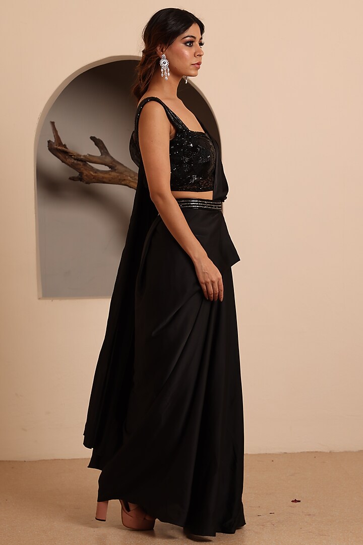 Black Armani Satin Pre-Stitched Saraee Set by Raas Couture at Pernia's Pop Up Shop