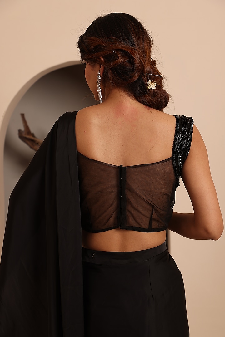 Black Armani Satin Pre-Stitched Saraee Set by Raas Couture at Pernia's Pop Up Shop