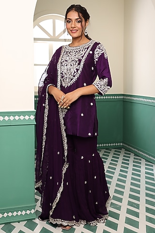 Deep Purple Silk Gharara Set by Raas Couture