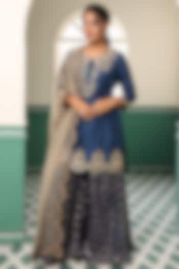 Blue Silk Embroidered Sharara Set by Raas Couture